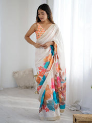 White Party Wear Chiffon Printed Saree - The Dori Store