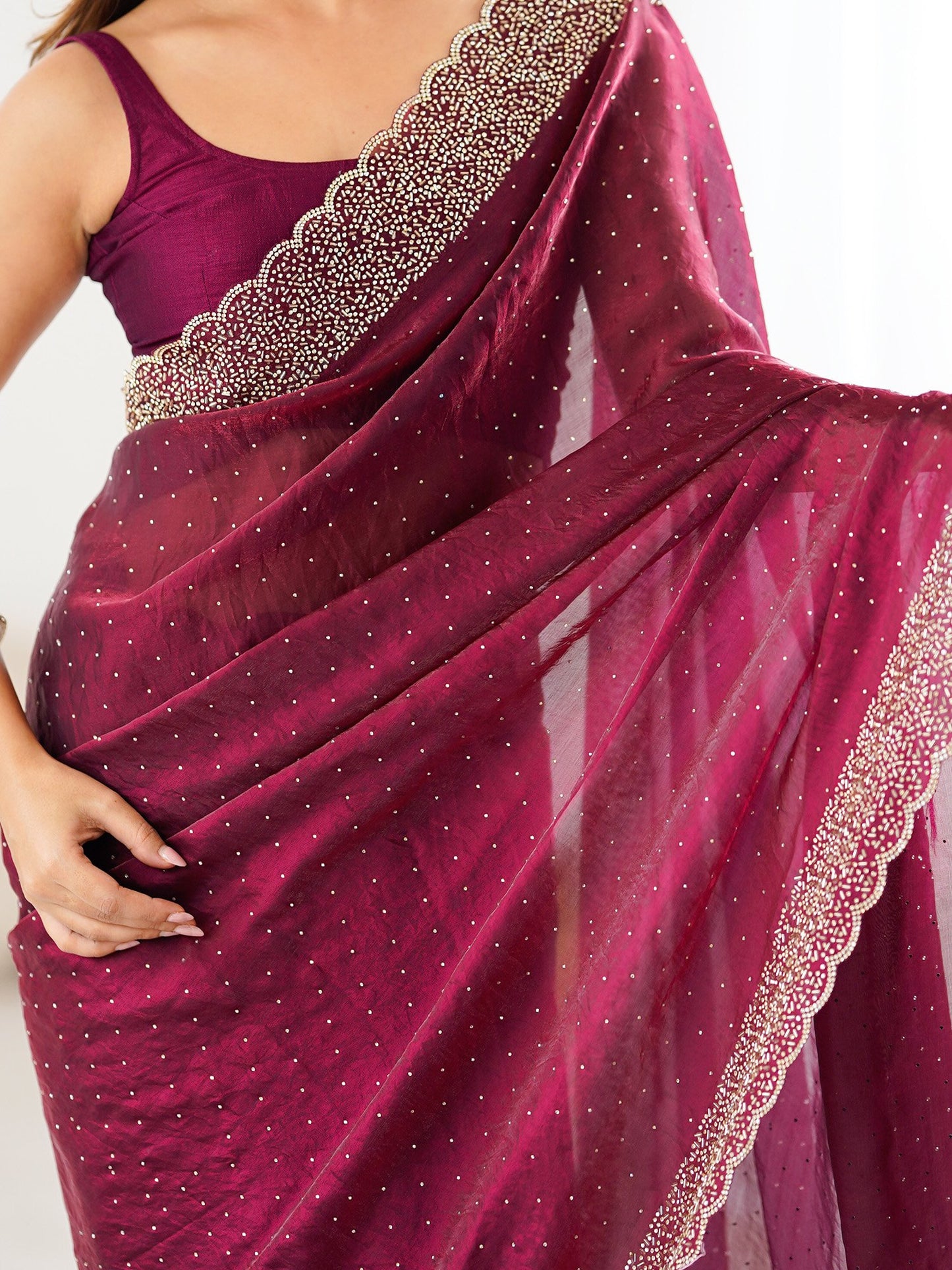 Burgundy Party Wear Satin Embellished Saree