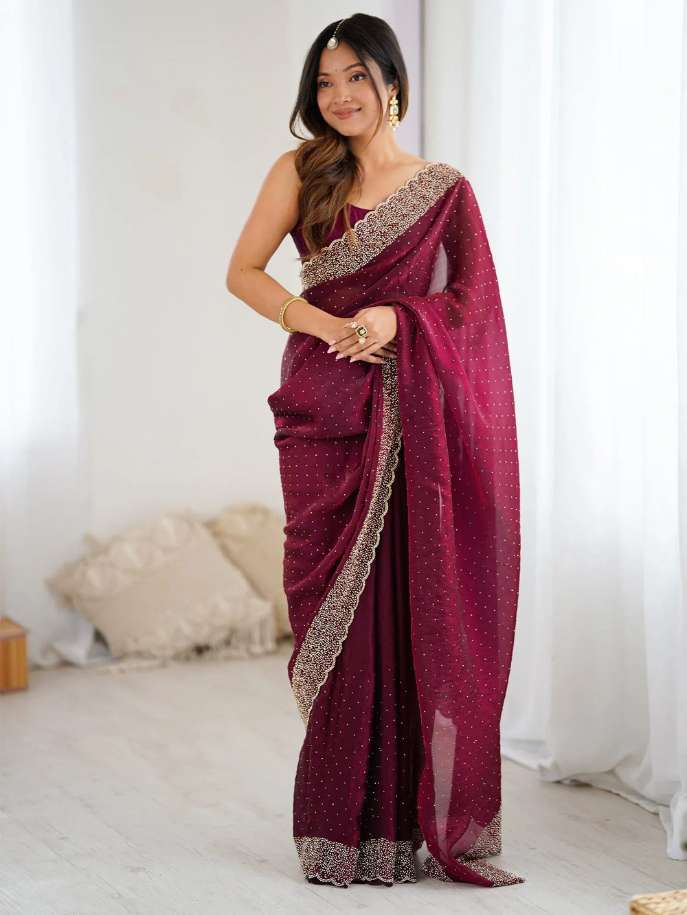 Burgundy Party Wear Satin Embellished Saree - The Dori Store