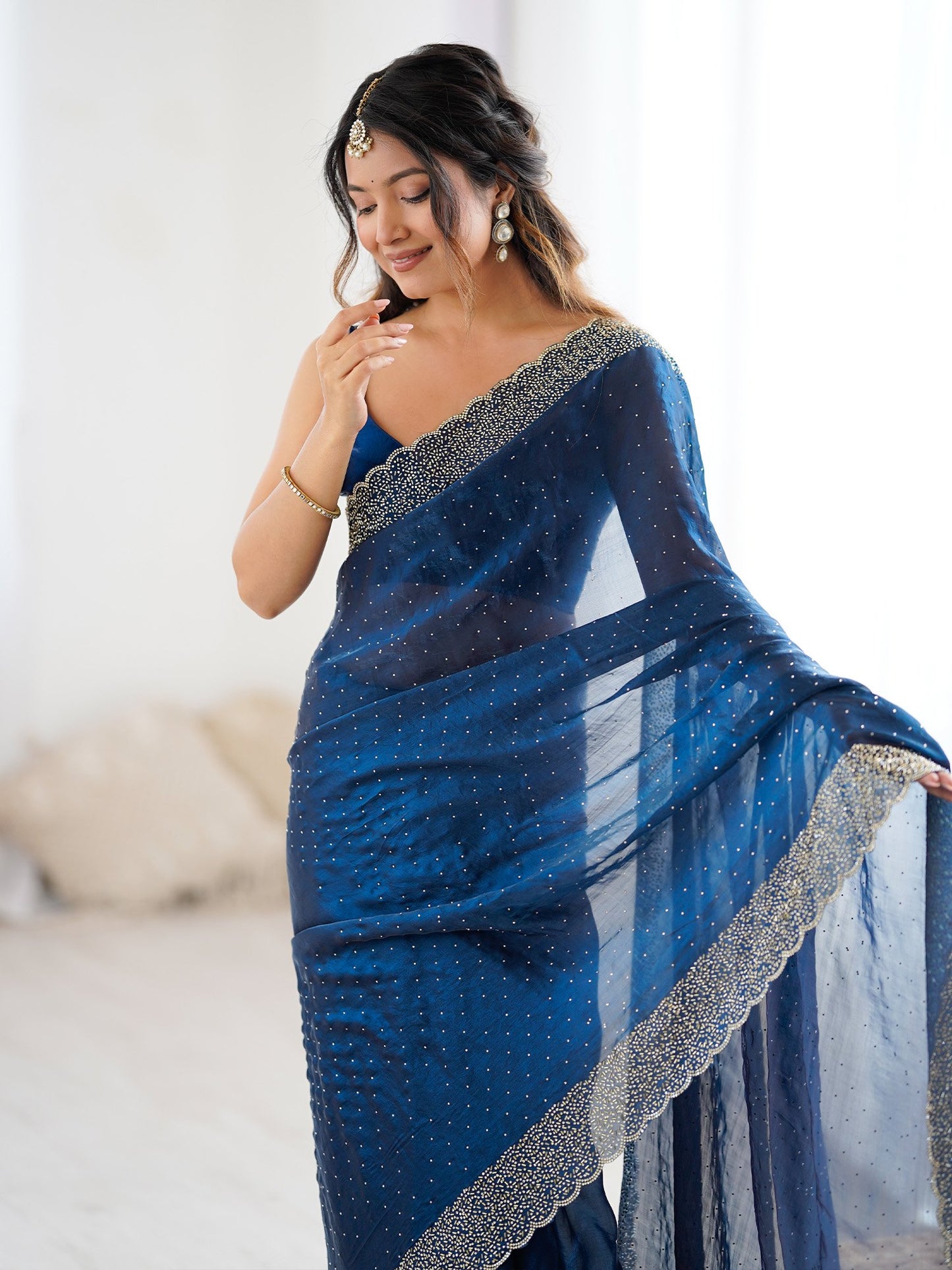 Teal Party Wear Satin Embellished Saree