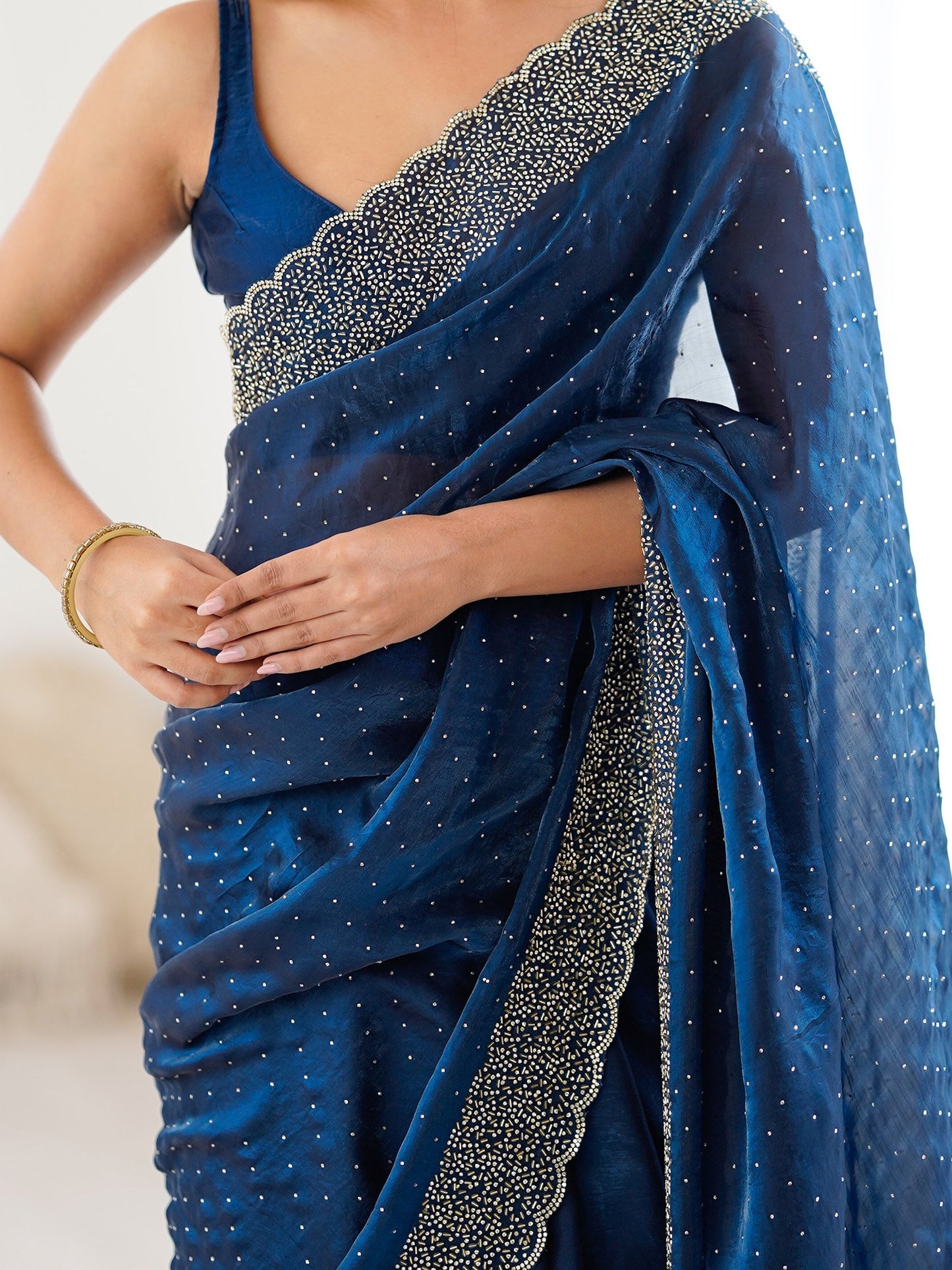 Teal Party Wear Satin Embellished Saree
