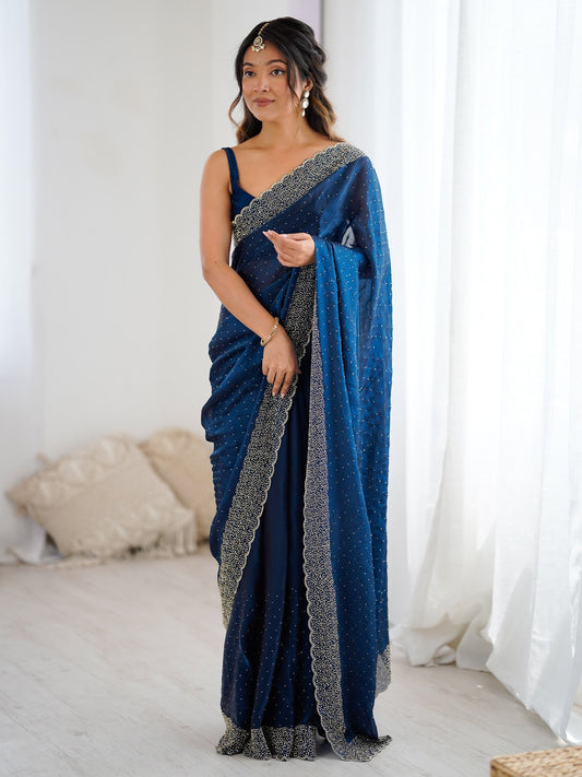 Blue Teal Party Wear Satin Embellished Saree