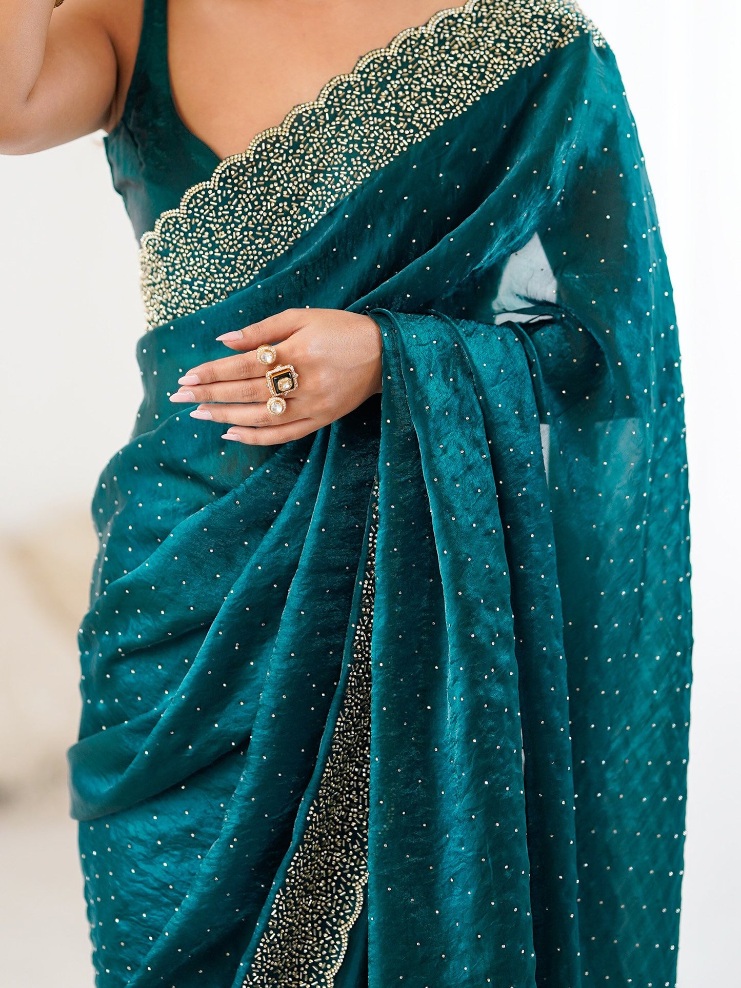 Teal Party Wear Satin Embellished Saree