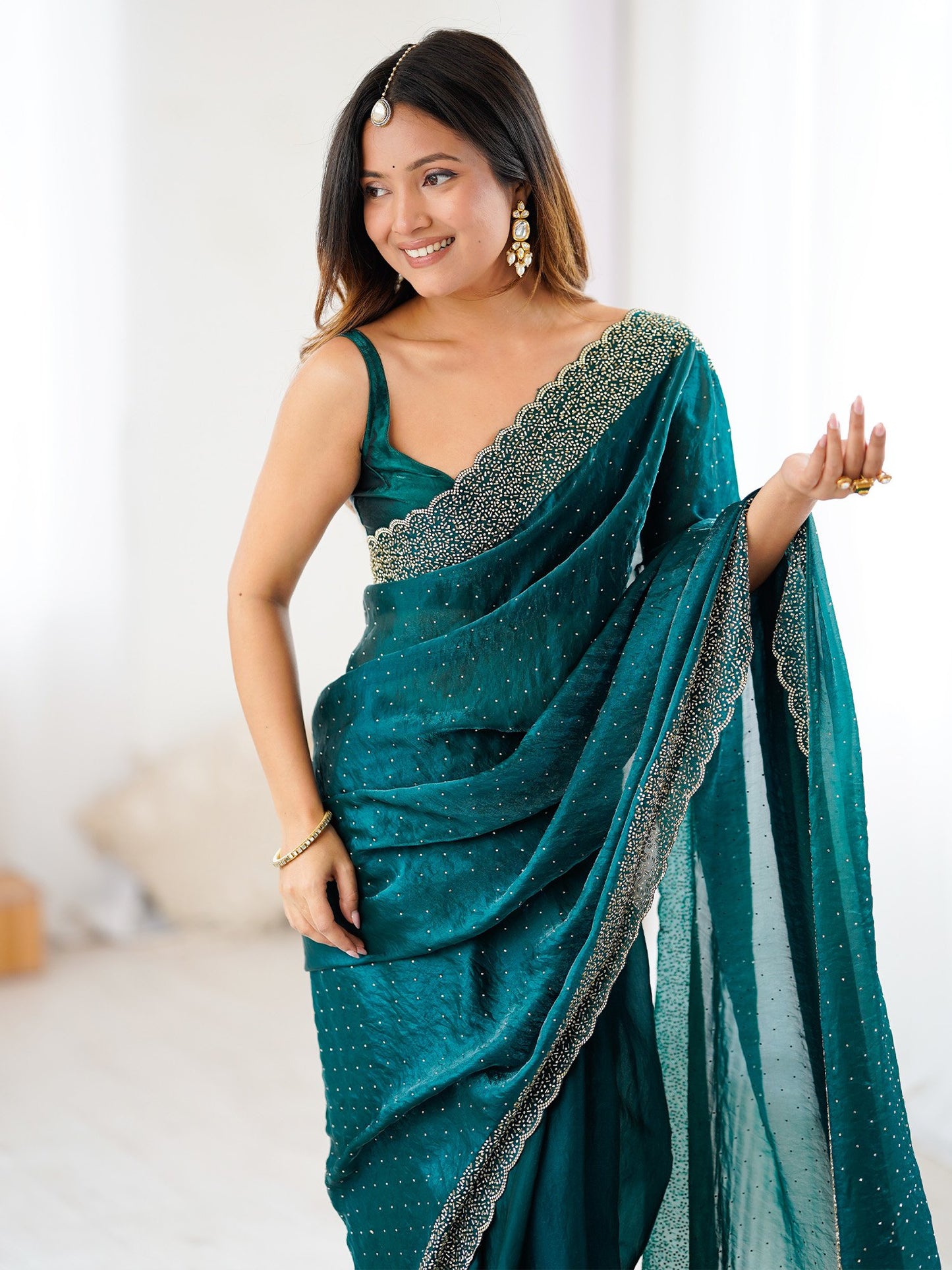 Teal Party Wear Satin Embellished Saree
