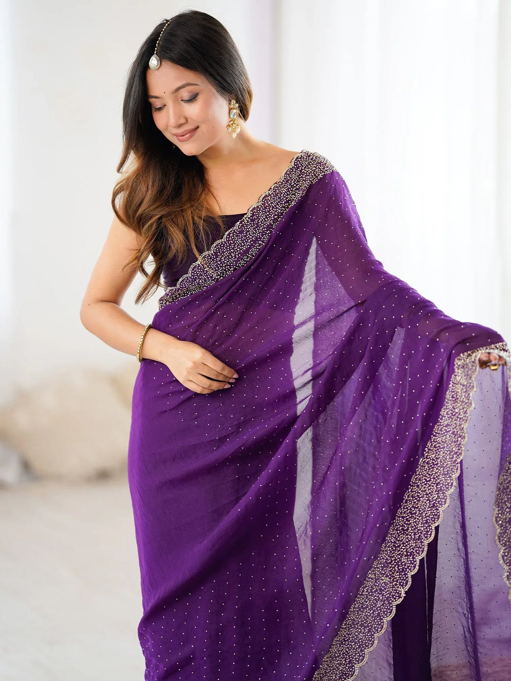 Violet Party Wear Satin Embellished Saree - The Dori Store