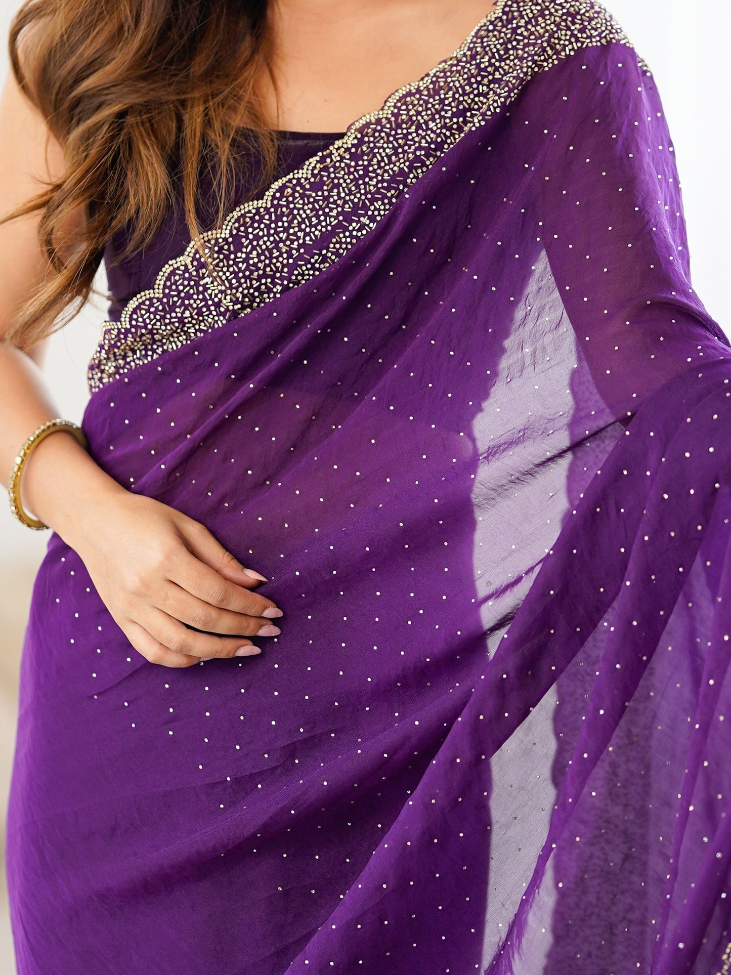 Violet Party Wear Satin Embellished Saree