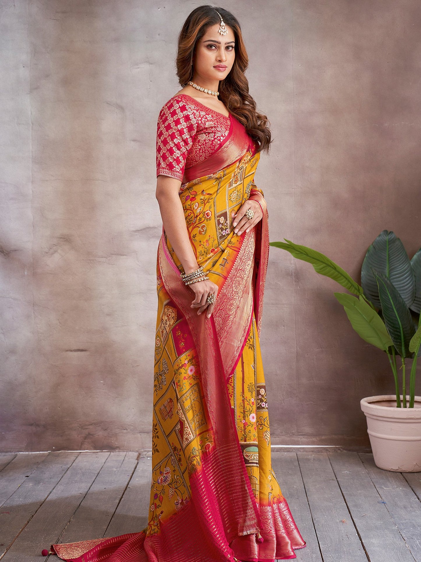 Mustard Sungudi Viscose Digital Print Saree