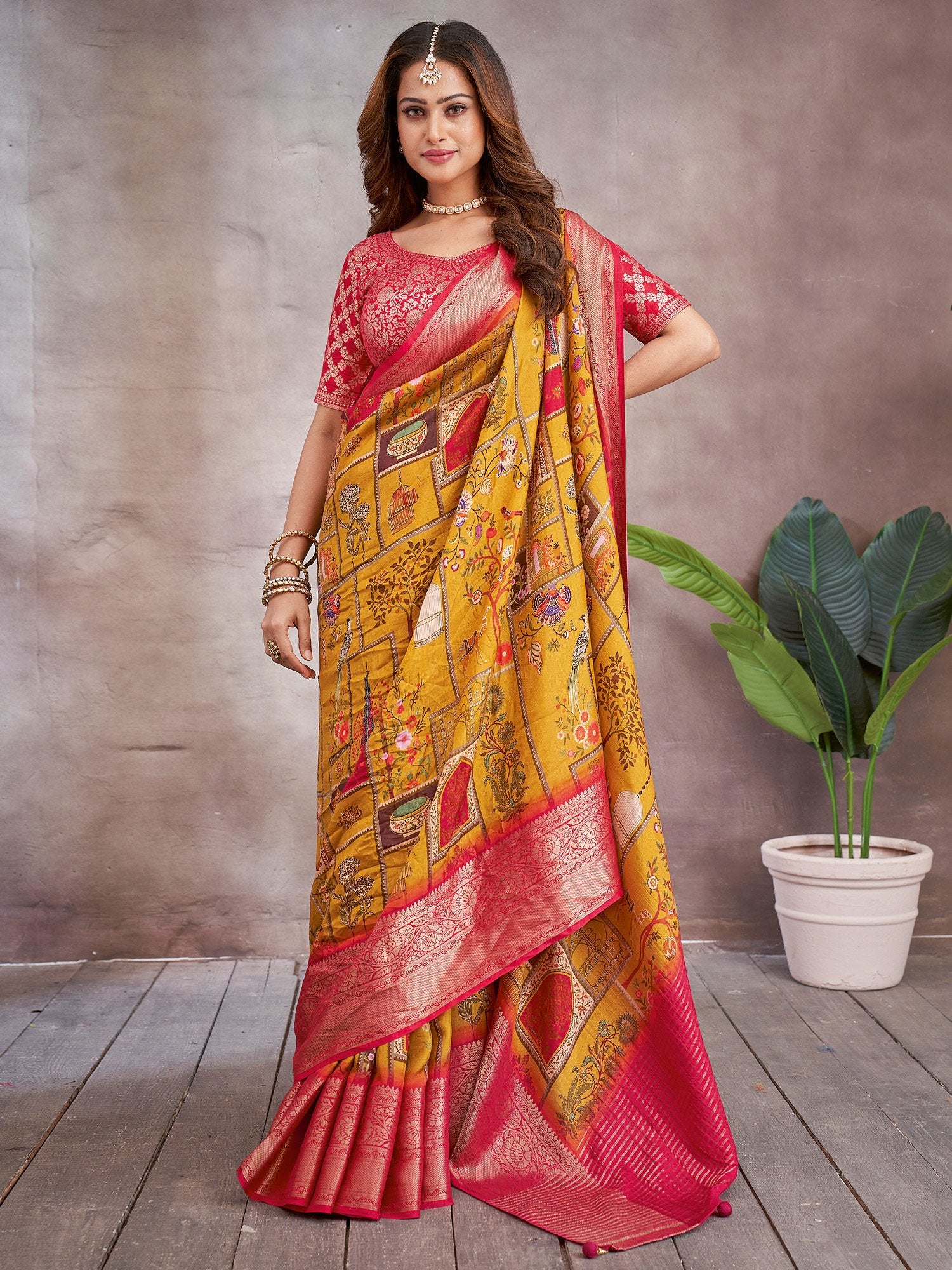 Yellow Mustard Sungudi Viscose Digital Print Saree