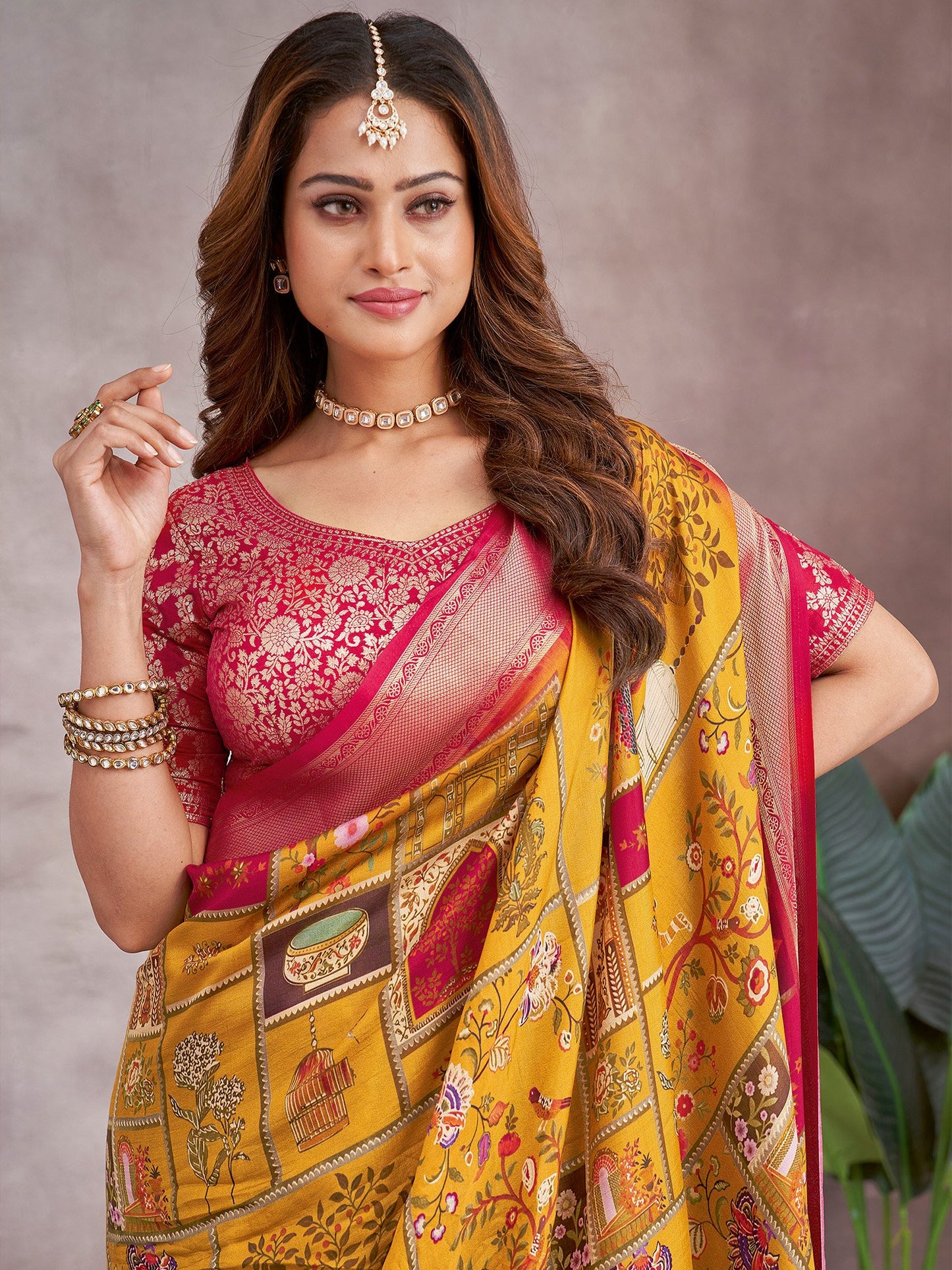 Mustard Sungudi Viscose Digital Print Saree