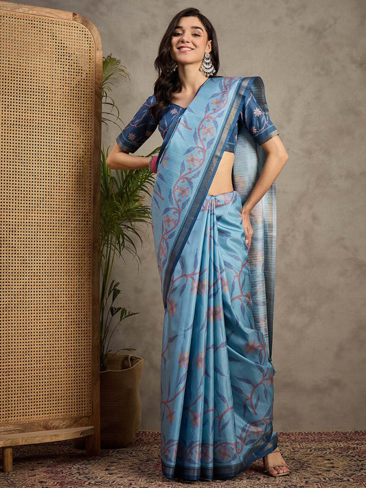 Blue Light Tussar Manipuri Silk Printed Saree
