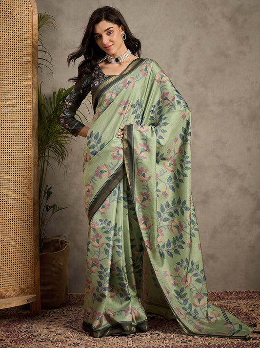 Green Light Tussar Manipuri Silk Printed Saree