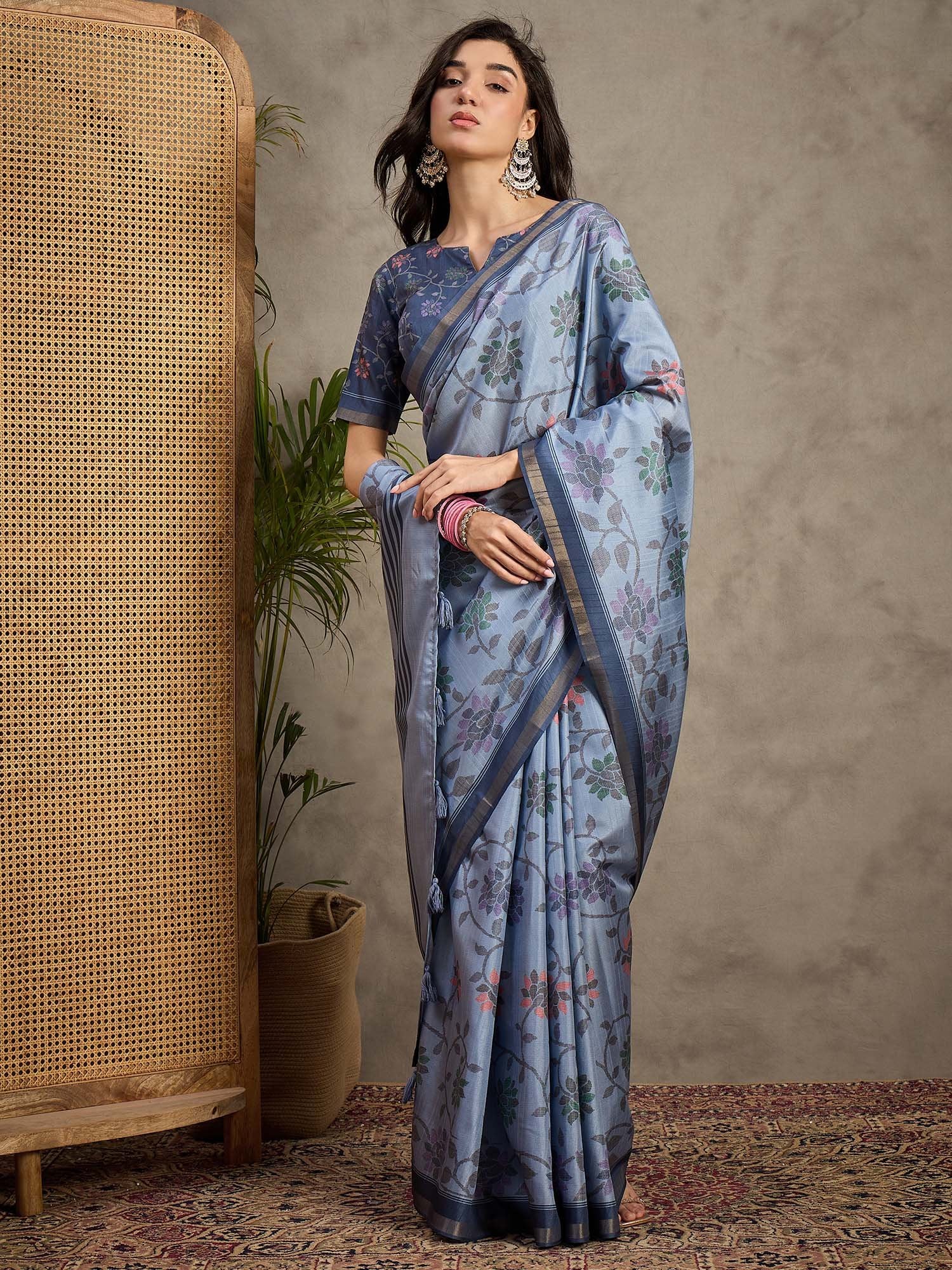 Blue Light Tussar Manipuri Silk Printed Saree