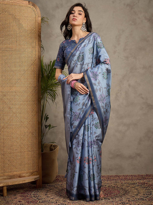 Blue Light Tussar Manipuri Silk Printed Saree