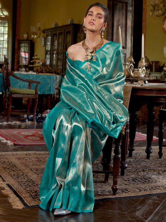 Blue Teal Banarasi Kanjeevaram Silk Woven Saree