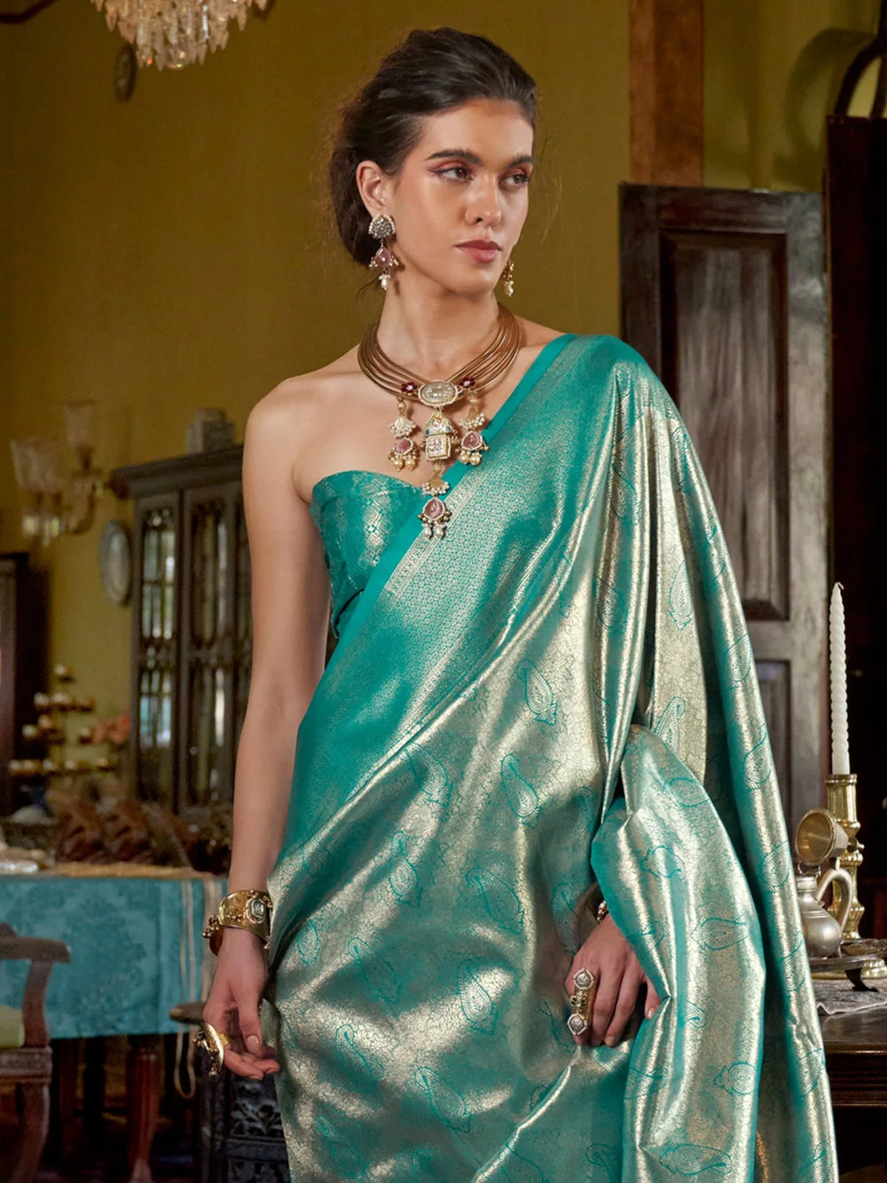 Teal Blue Banarasi Kanjeevaram Silk Woven Saree - The Dori Store