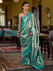 Teal Blue Banarasi Kanjeevaram Silk Woven Saree - The Dori Store