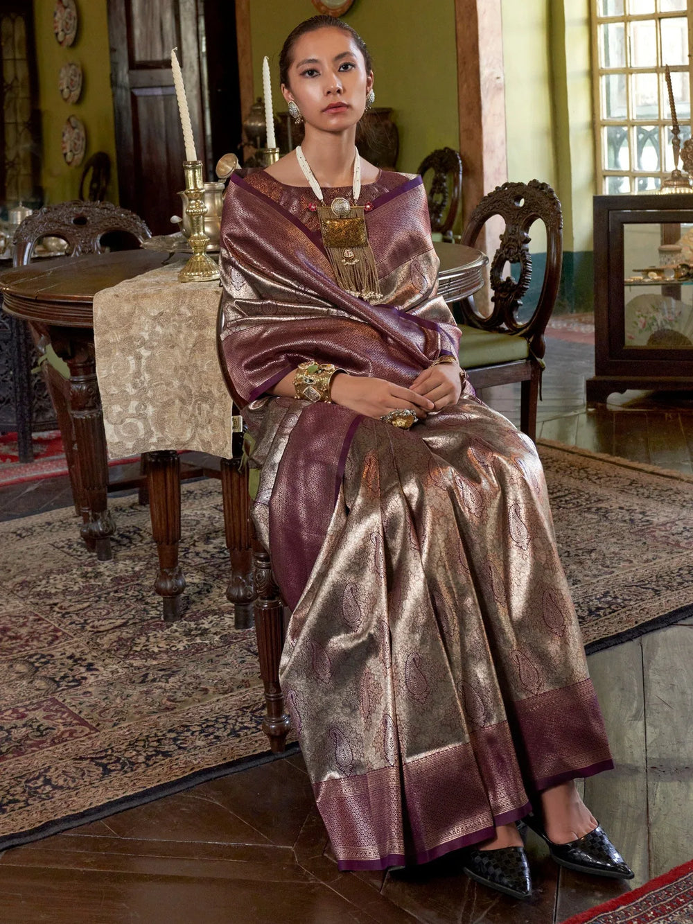 Purple Banarasi Kanjeevaram Silk Woven Saree - The Dori Store