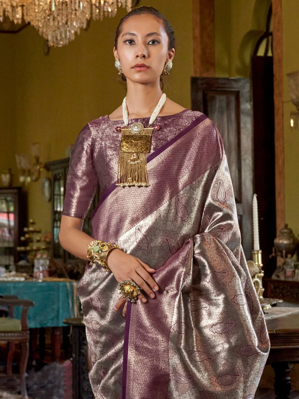 Purple Banarasi Kanjeevaram Silk Woven Saree - The Dori Store