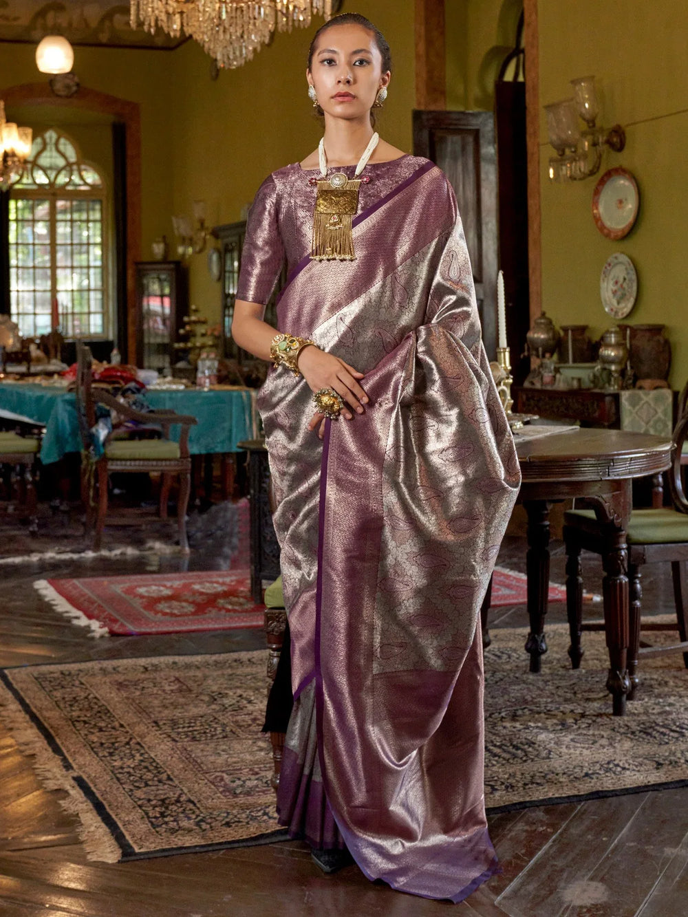 Purple Banarasi Kanjeevaram Silk Woven Saree - The Dori Store