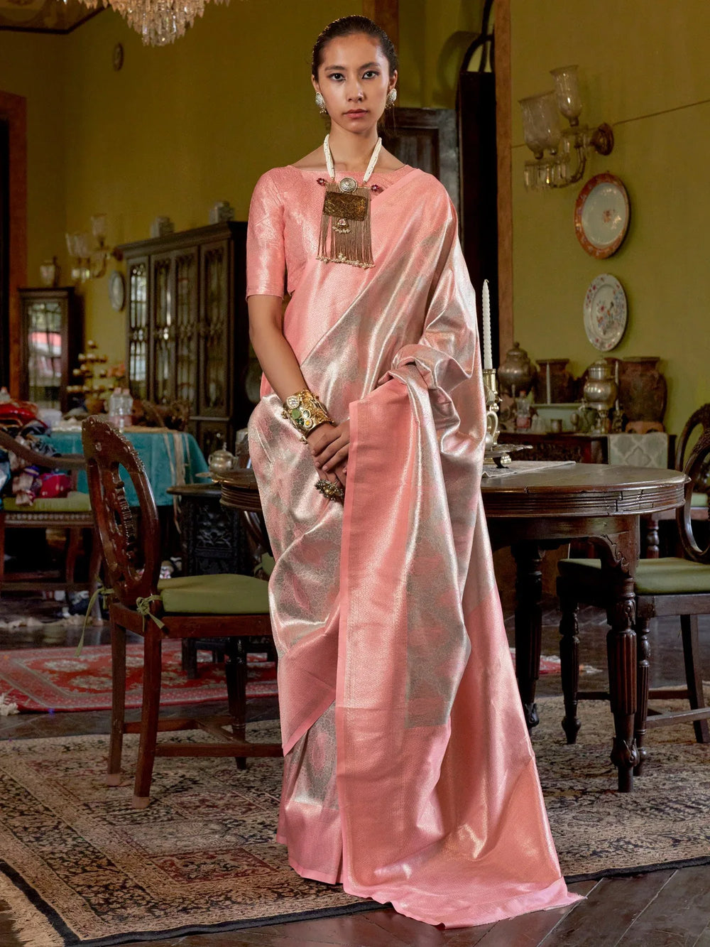 Peach Banarasi Kanjeevaram Silk Woven Saree - The Dori Store