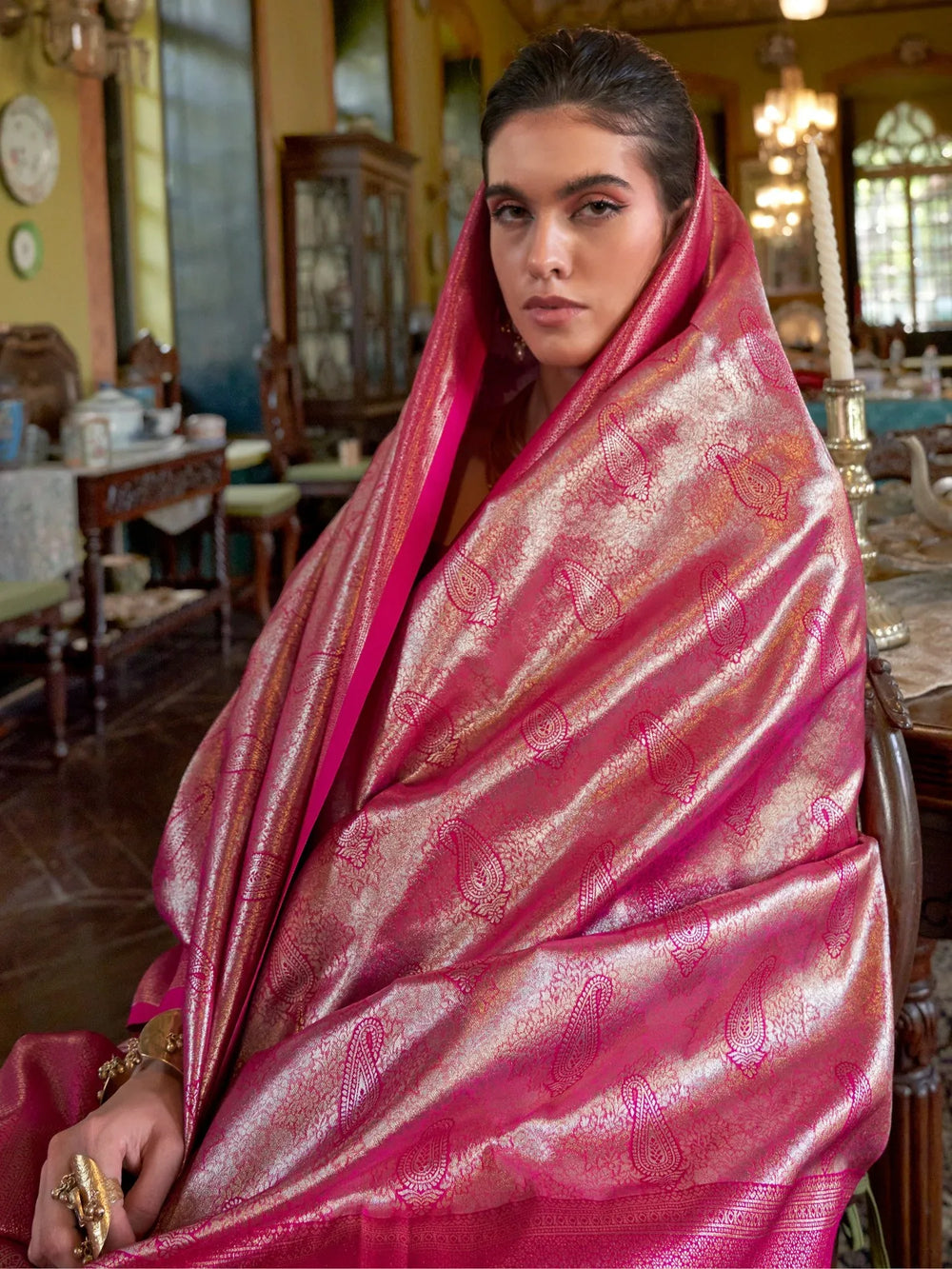 Magenta Banarasi Kanjeevaram Silk Woven Saree - The Dori Store