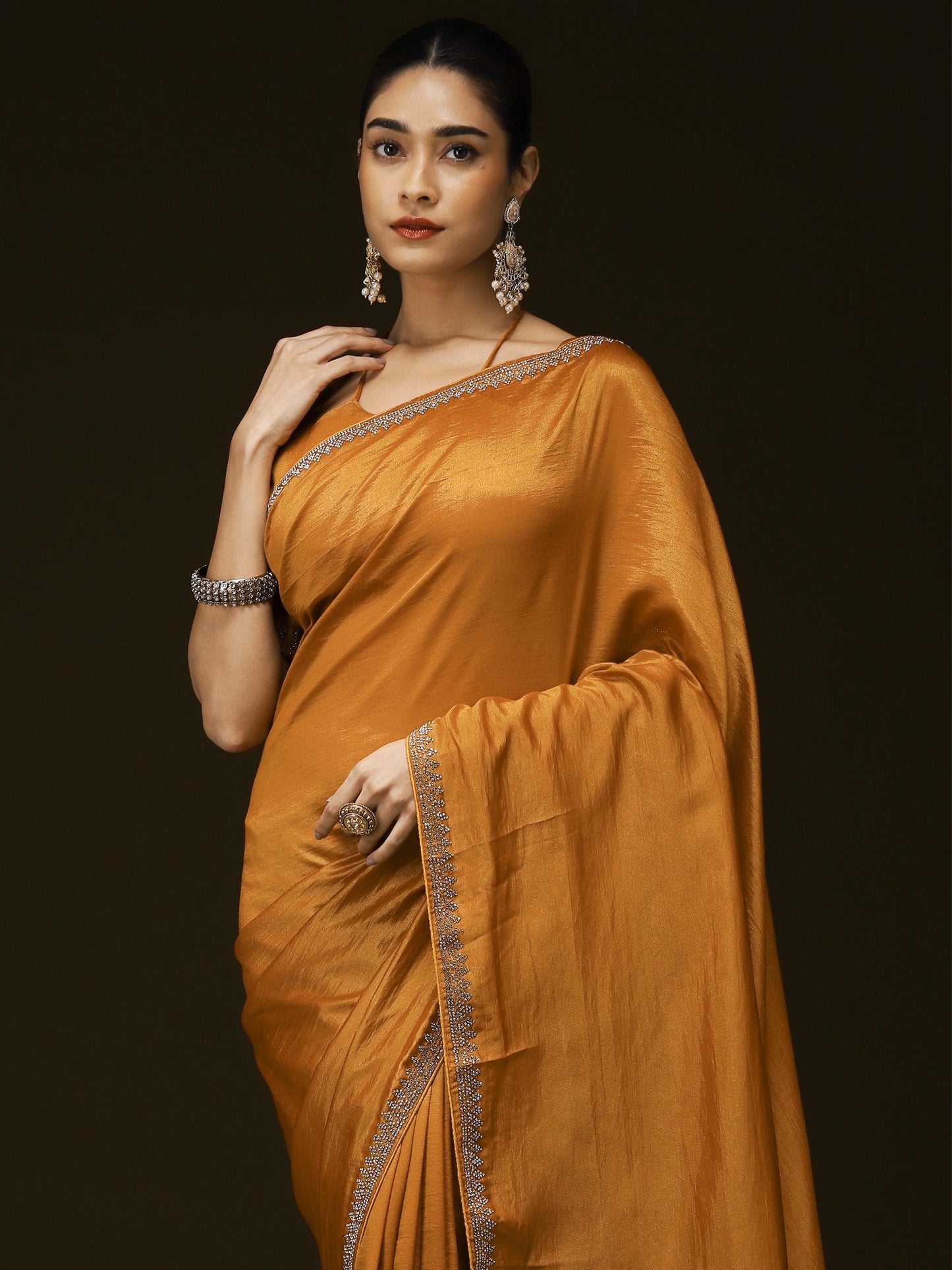 Mustard Party Wear Satin Silk Embellished Saree