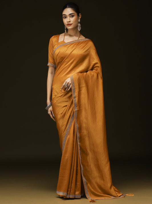 Yellow Mustard Party Wear Satin Silk Embellished Saree