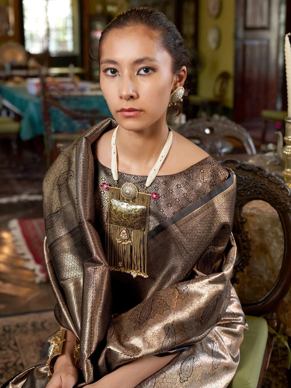 Grey Banarasi Kanjeevaram Silk Woven Saree - The Dori Store