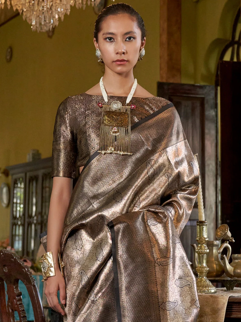 Grey Banarasi Kanjeevaram Silk Woven Saree - The Dori Store