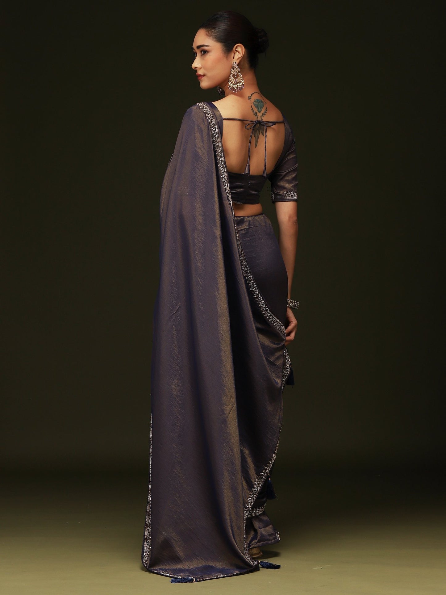 Navy Party Wear Satin Silk Embellished Saree
