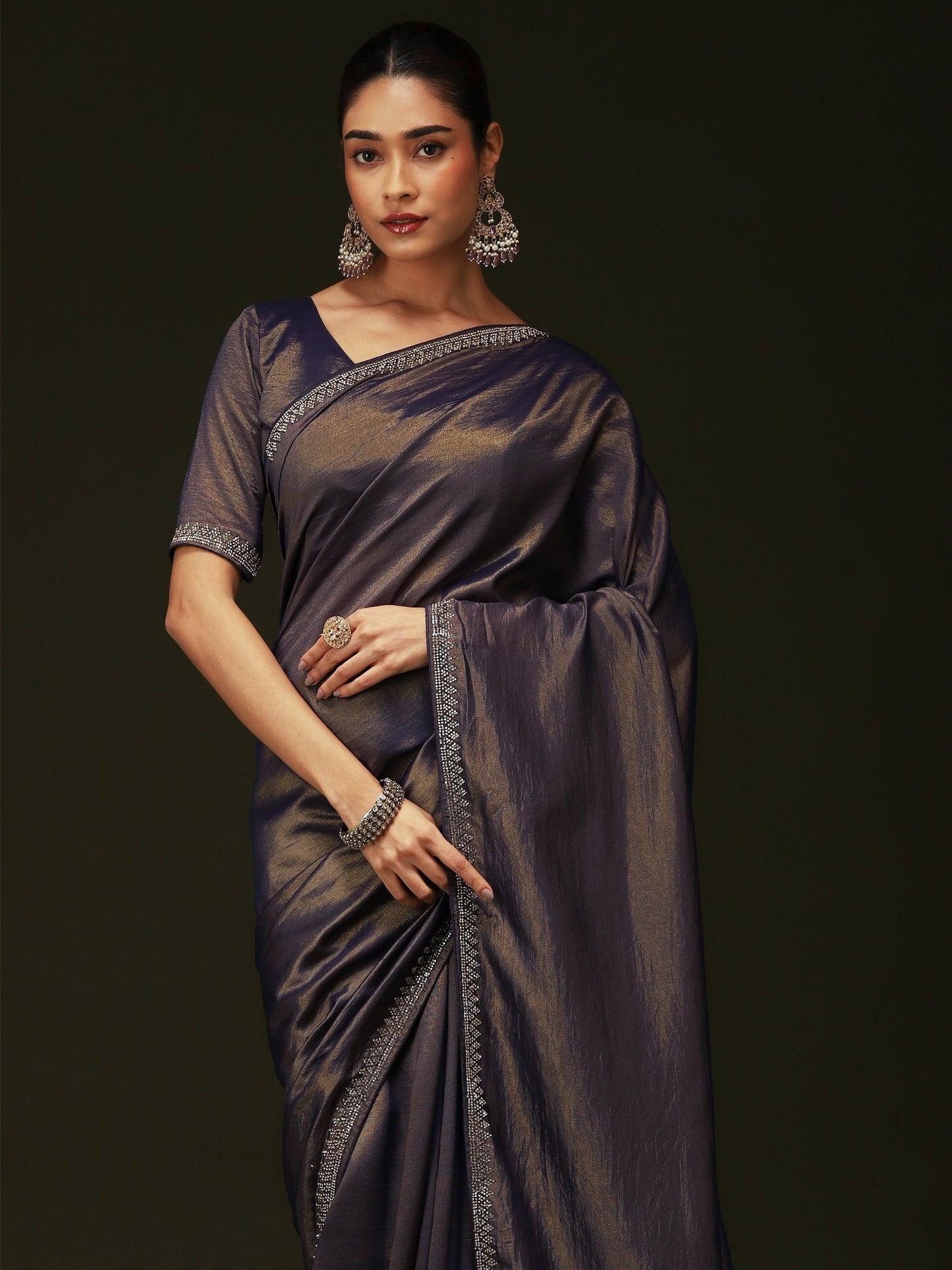 Navy Party Wear Satin Silk Embellished Saree