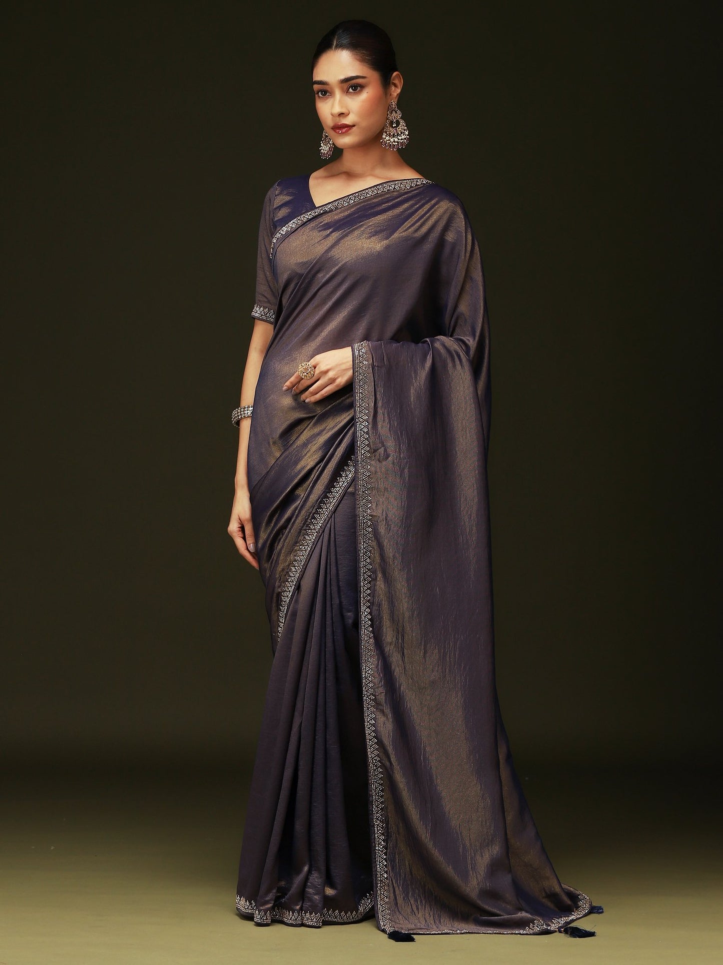 Blue Navy Party Wear Satin Silk Embellished Saree