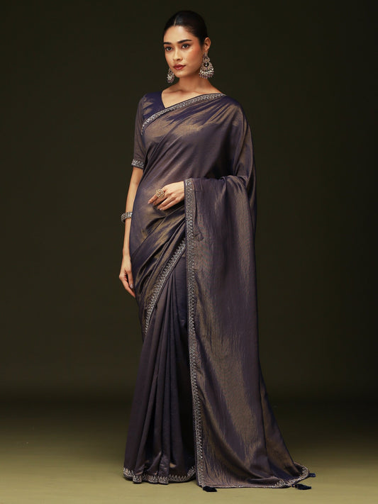 Blue Navy Party Wear Satin Silk Embellished Saree