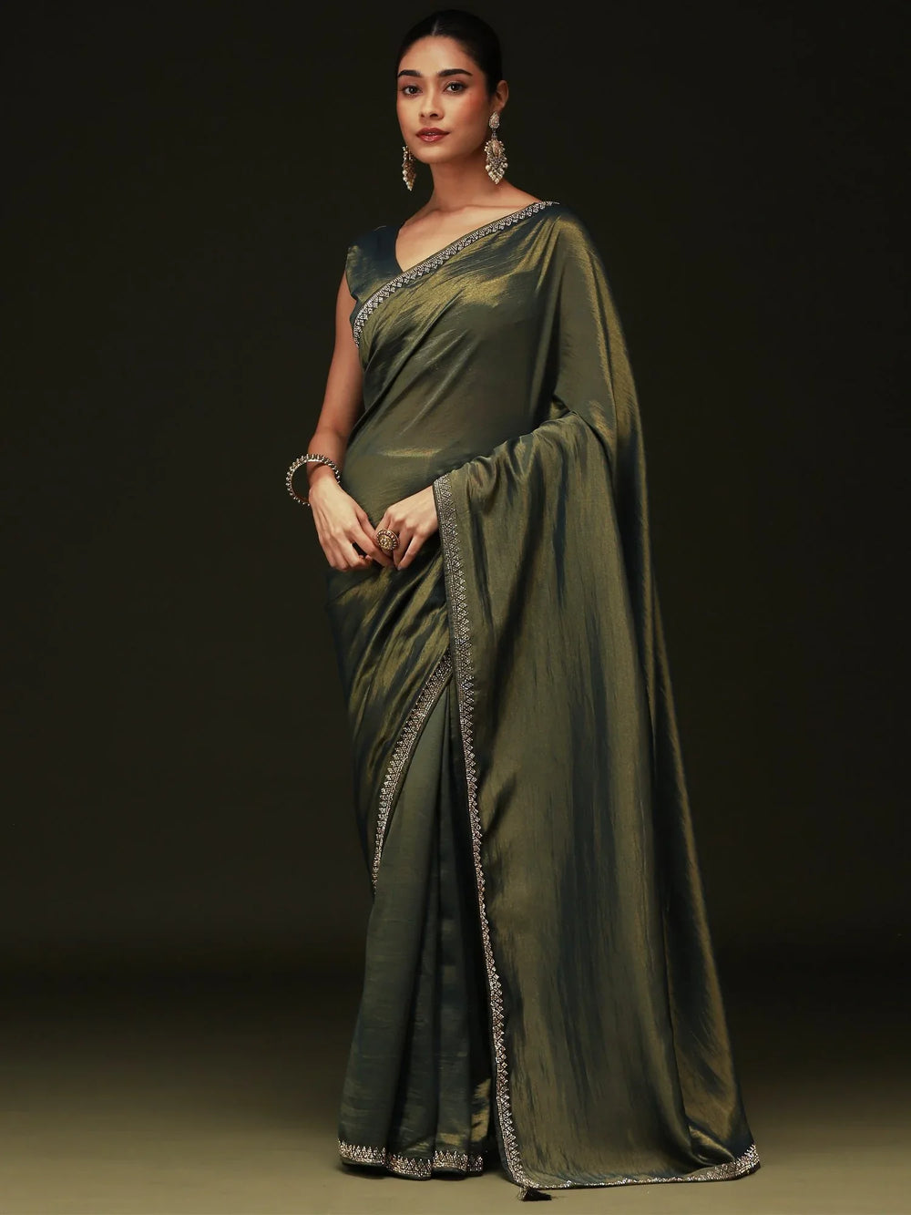 Green Party Wear Satin Silk Embellished Saree - The Dori Store