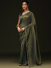 Green Party Wear Satin Silk Embellished Saree - The Dori Store