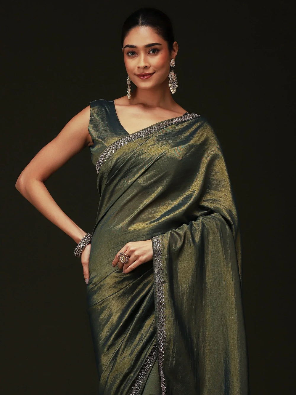 Green Party Wear Satin Silk Embellished Saree - The Dori Store