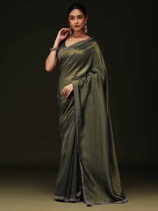 Green Green Party Wear Satin Silk Embellished Saree