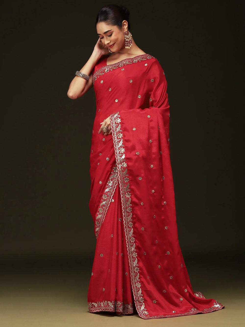 Red Party Wear chinnon Embellished Saree - The Dori Store