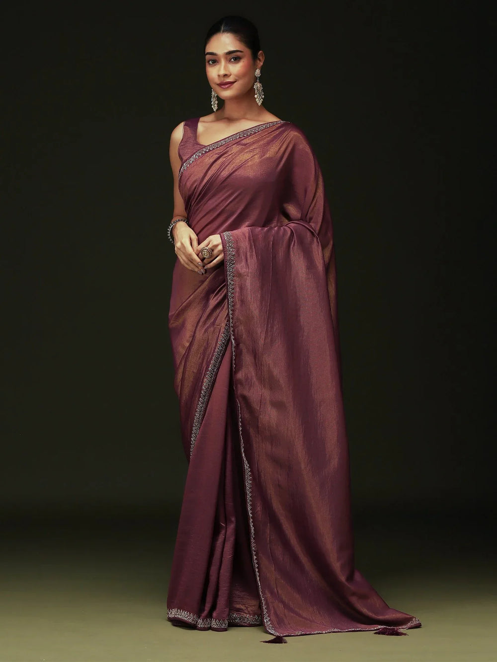 Purple Party Wear Satin Silk Embellished Saree - The Dori Store