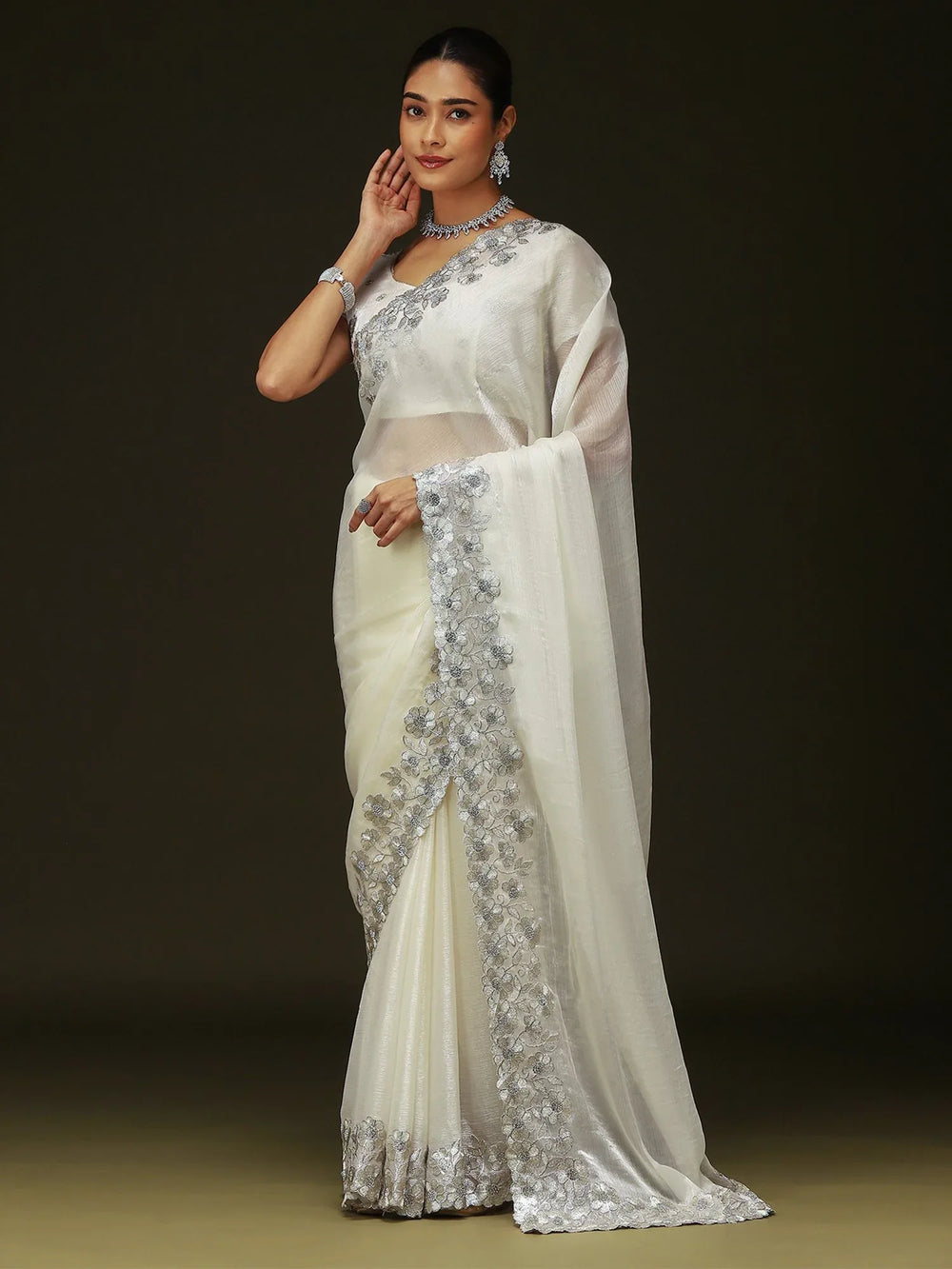 Off White Party Wear Chiffon Embellished Saree - The Dori Store