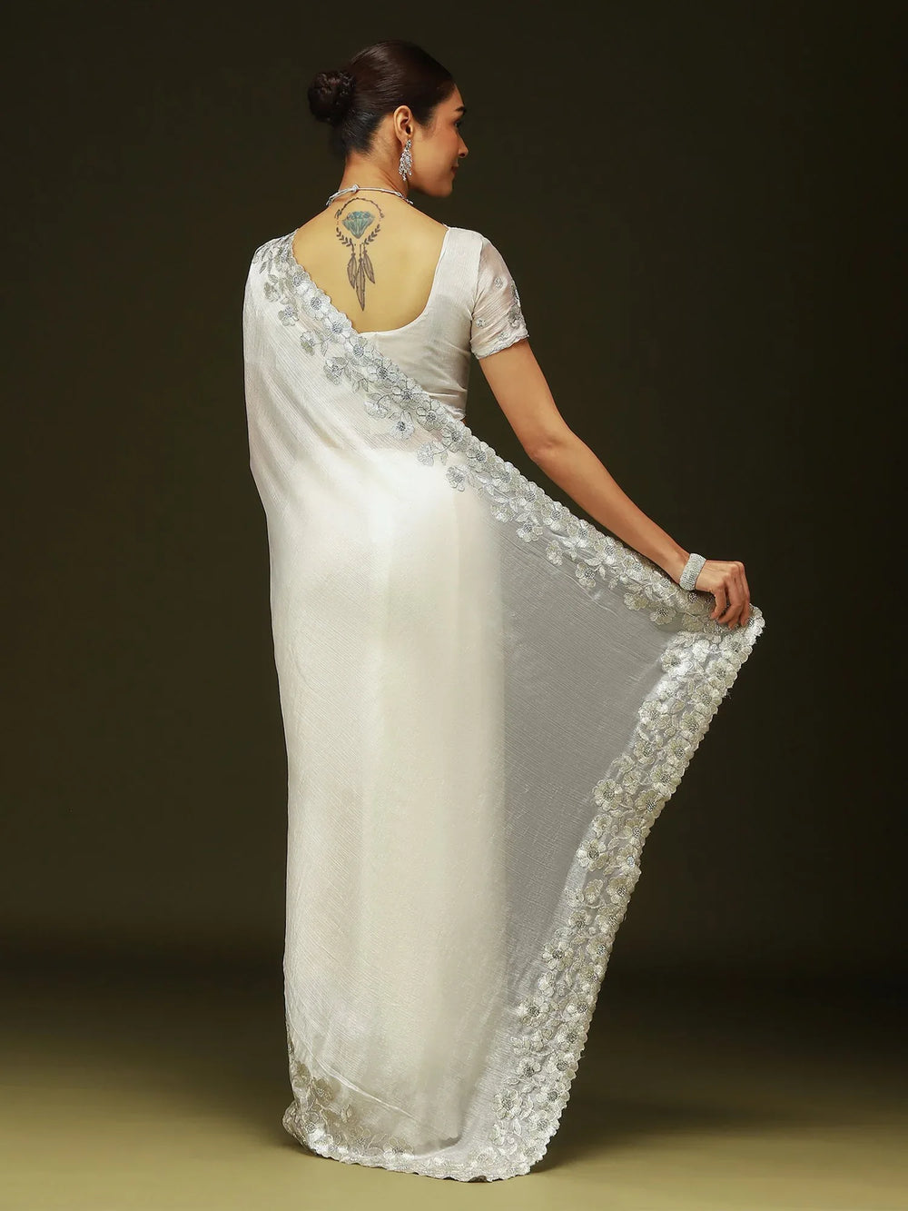 Off White Party Wear Chiffon Embellished Saree - The Dori Store