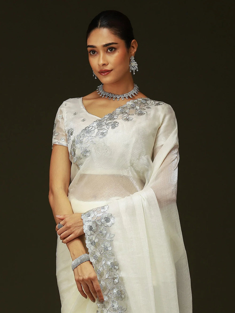 Off White Party Wear Chiffon Embellished Saree - The Dori Store