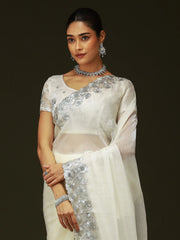 Off White Party Wear Chiffon Embellished Saree - The Dori Store