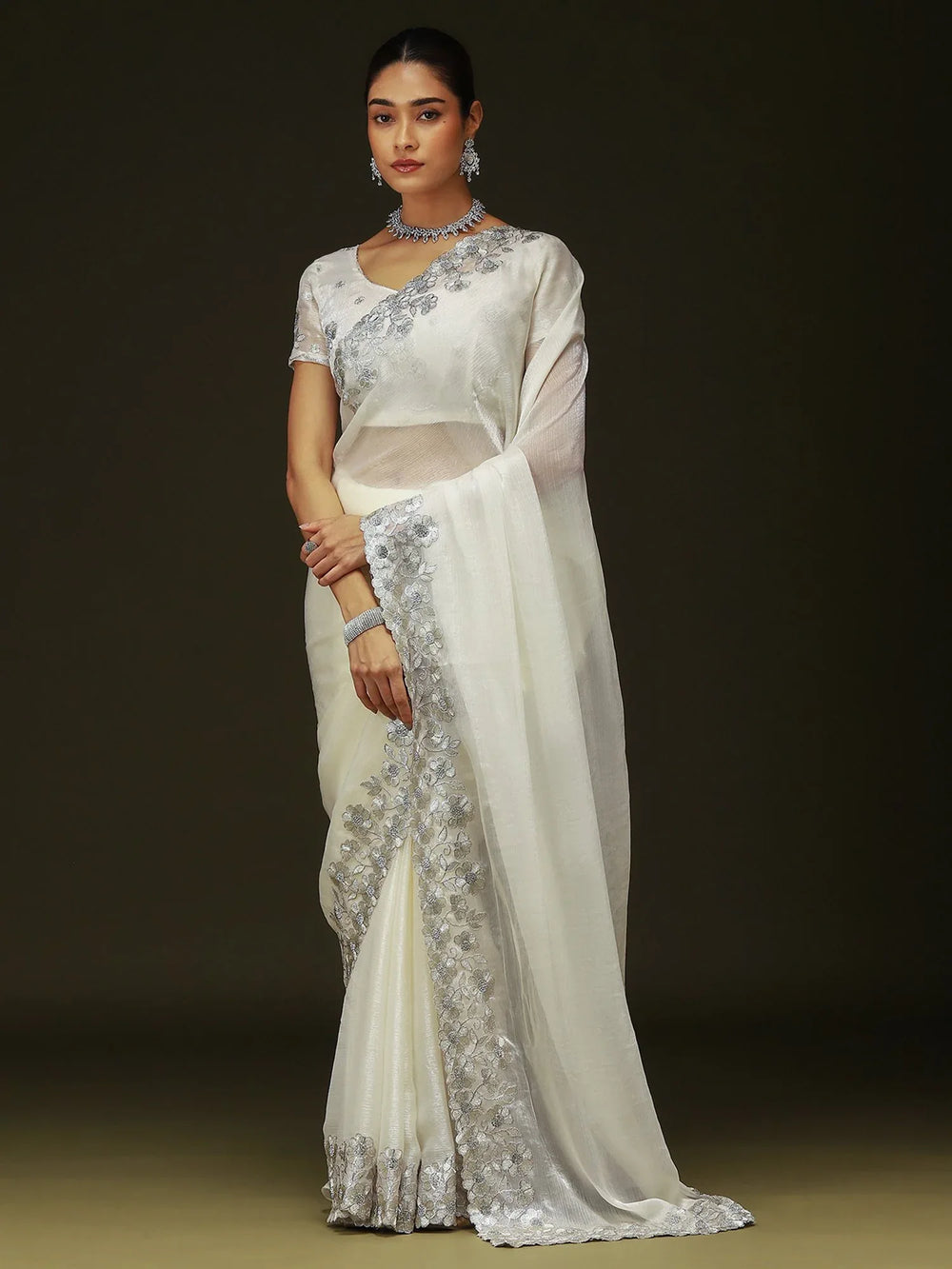 Off White Party Wear Chiffon Embellished Saree - The Dori Store