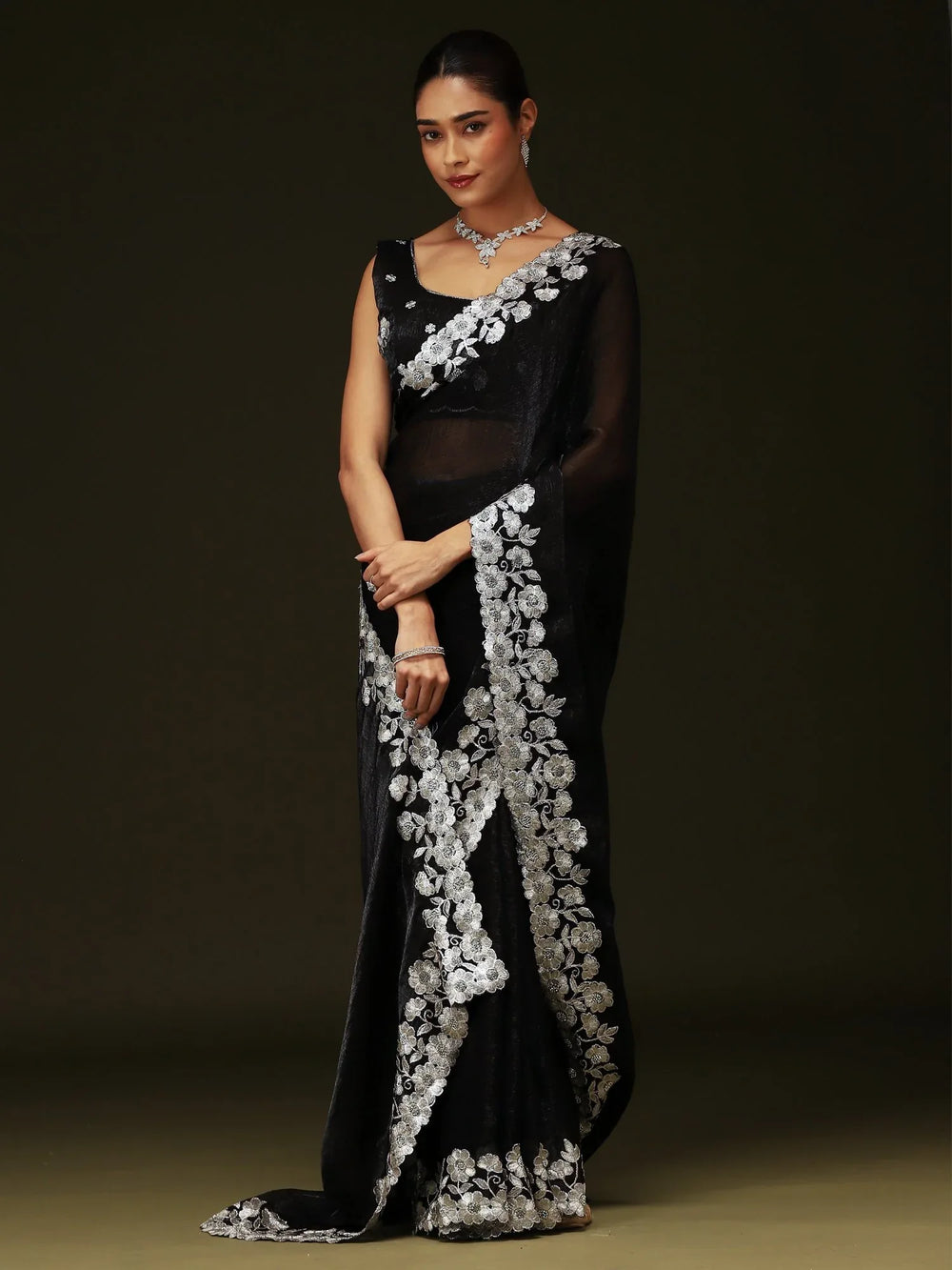 Black Party Wear Chiffon Embellished Saree - The Dori Store