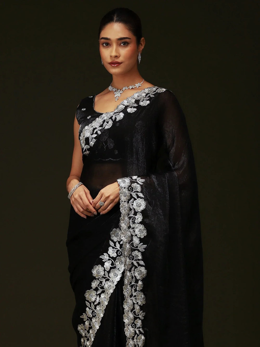 Black Party Wear Chiffon Embellished Saree - The Dori Store