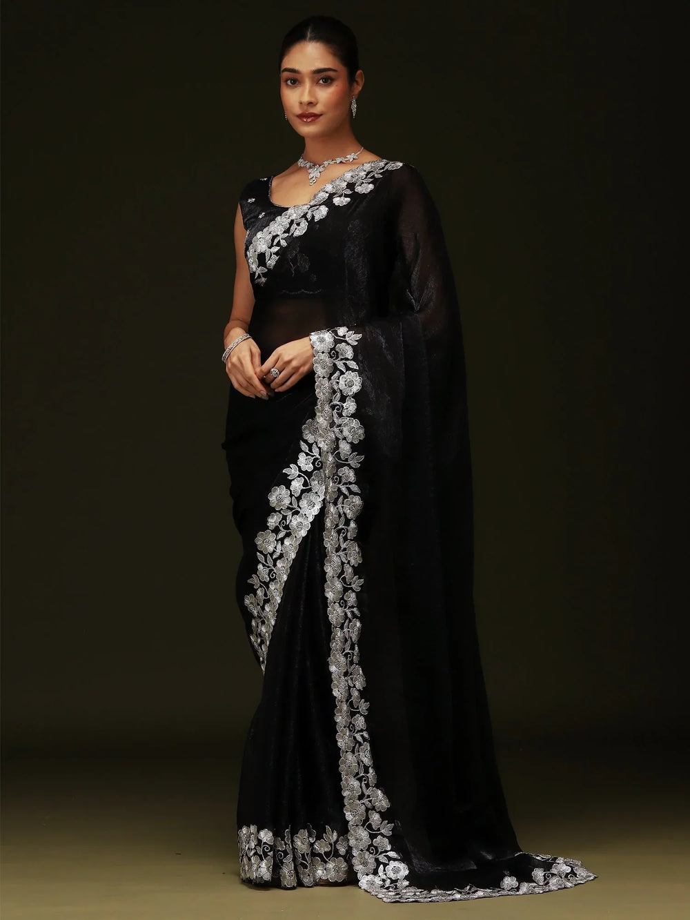 Black Party Wear Chiffon Embellished Saree - The Dori Store