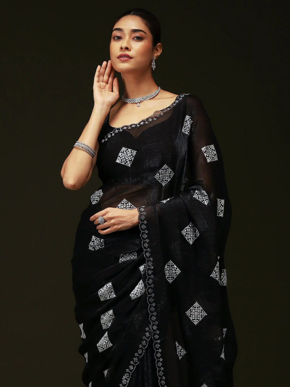 Black Party Wear Chiffon Embellished Saree - The Dori Store