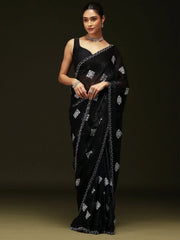 Black Party Wear Chiffon Embellished Saree - The Dori Store