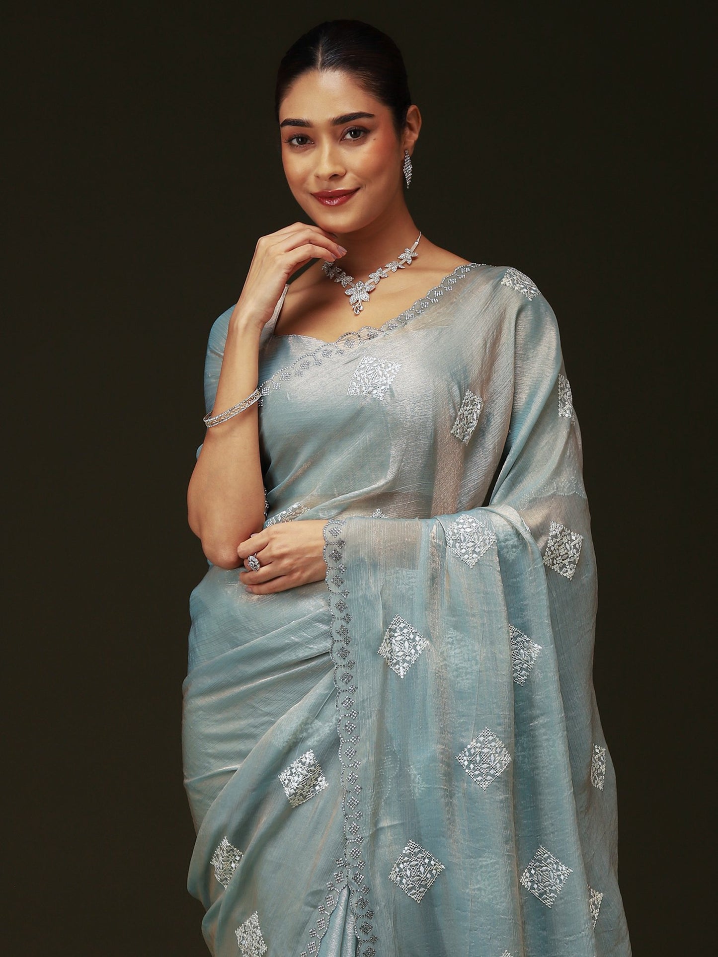 Blue Party Wear Chiffon Embellished Saree